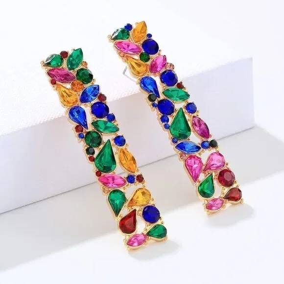 Yellow Gold with Multicolored Crystal Geometric Rectangle Post Back Earrings - Picture 2 of 6